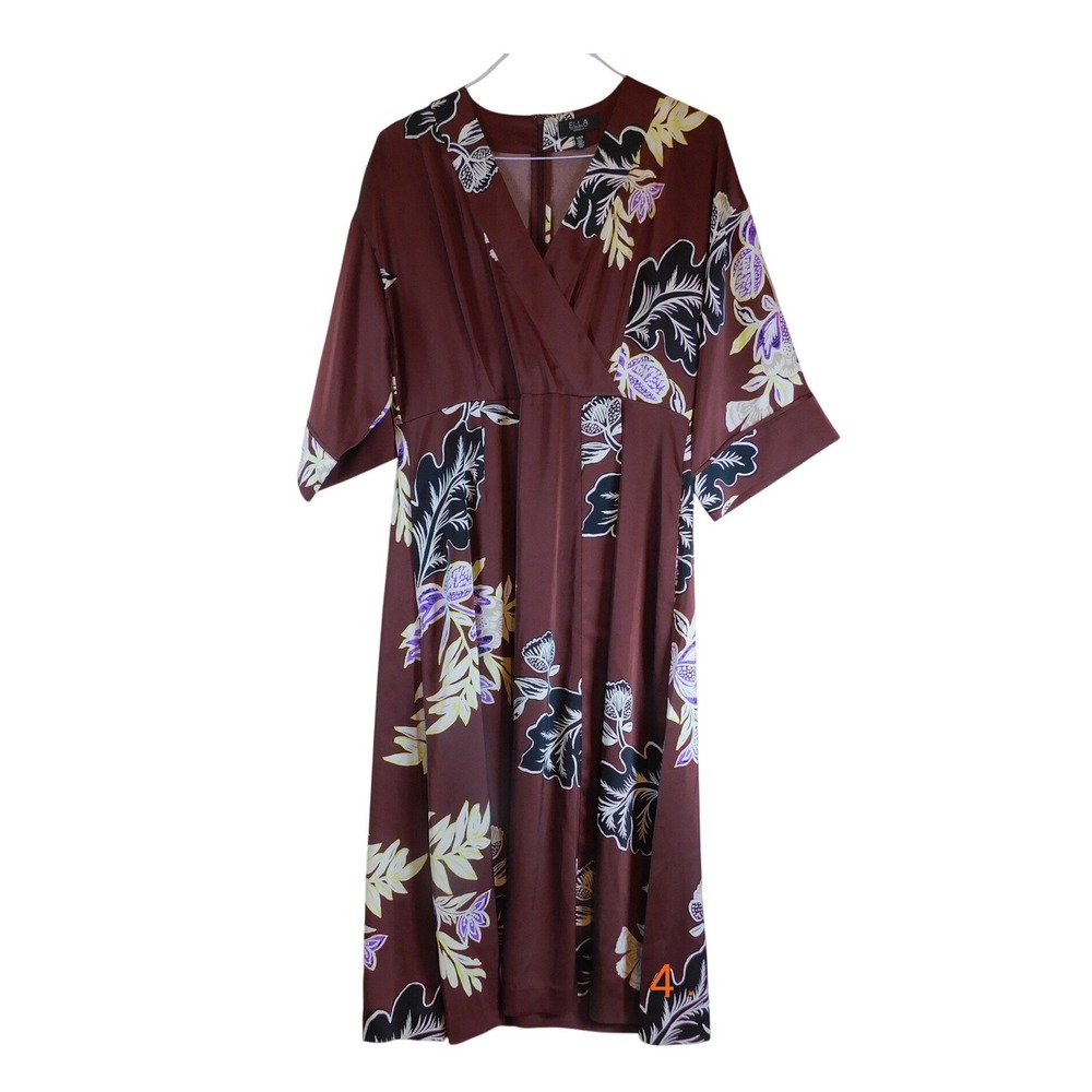 Ella Rafaella Burgundy Tropical Floral‎ Faux Wrap Midi Dress Kimono Sleeve Large